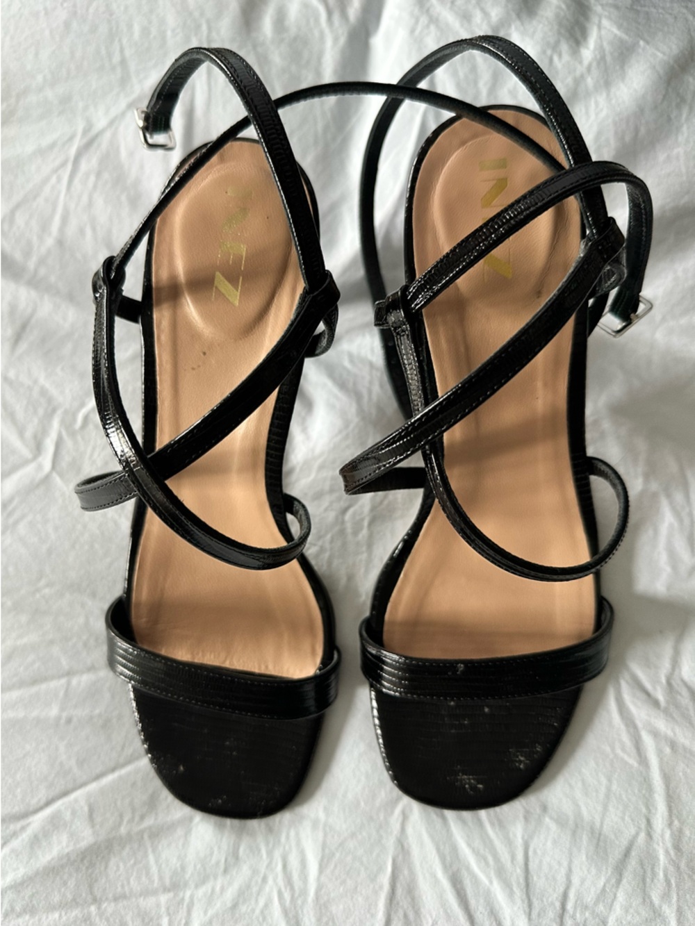 INEZ Selena Heeled Sandals in Black Lizard Embossed Leather - Picture 2 of 7